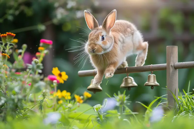 Un lapin brun saute au-dessus d’une barre munie de petites cloches dans un jardin fleuri