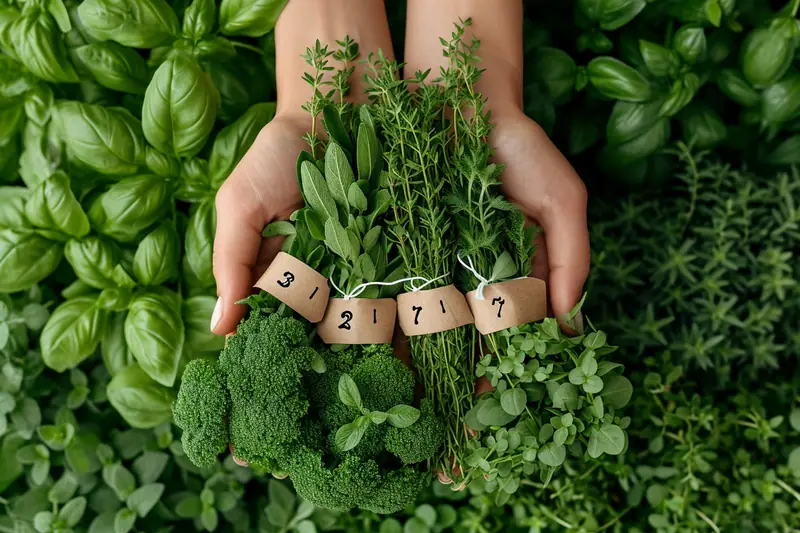Deux mains tiennent des bouquets d’herbes fraîches étiquetés devant un fond de feuillage vert