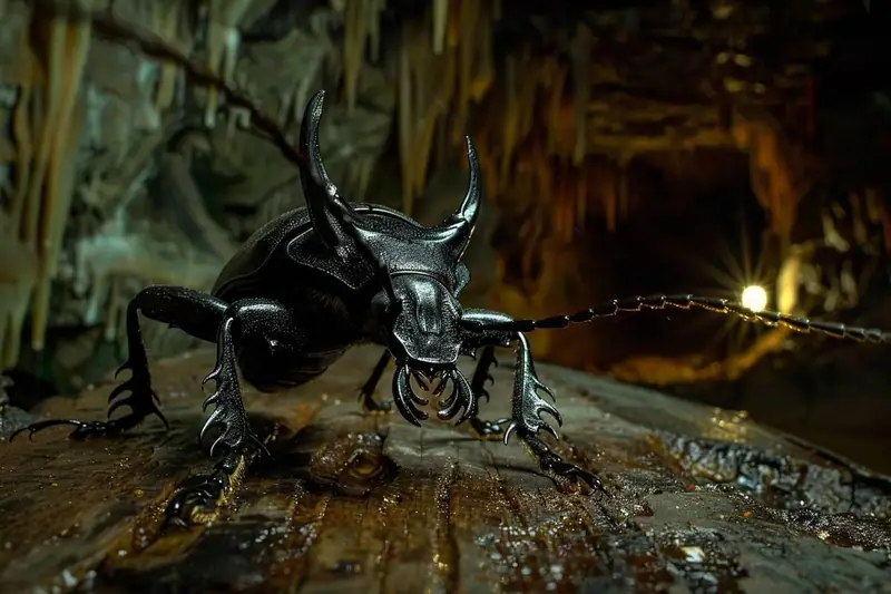 Coléoptère noir aux longues mandibules et cornes recourbées sur un sol humide de cave