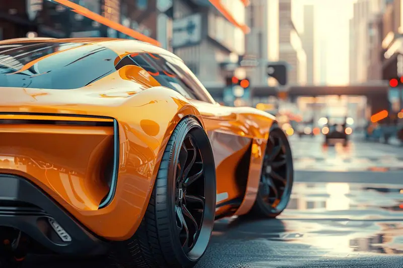 Voiture de sport orange stationnée sur une chaussée mouillée entre de hauts immeubles urbains