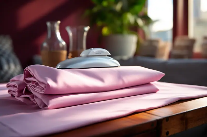 Piles de tissu rose plié sur une table en bois, avec un fer à repasser au-dessus