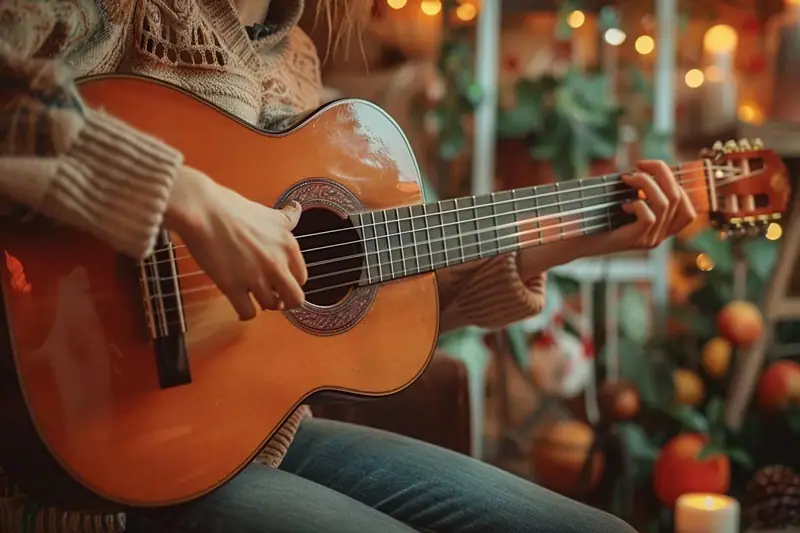 Une personne en pull beige pince les cordes d’une guitare acoustique orange devant des lumières floues