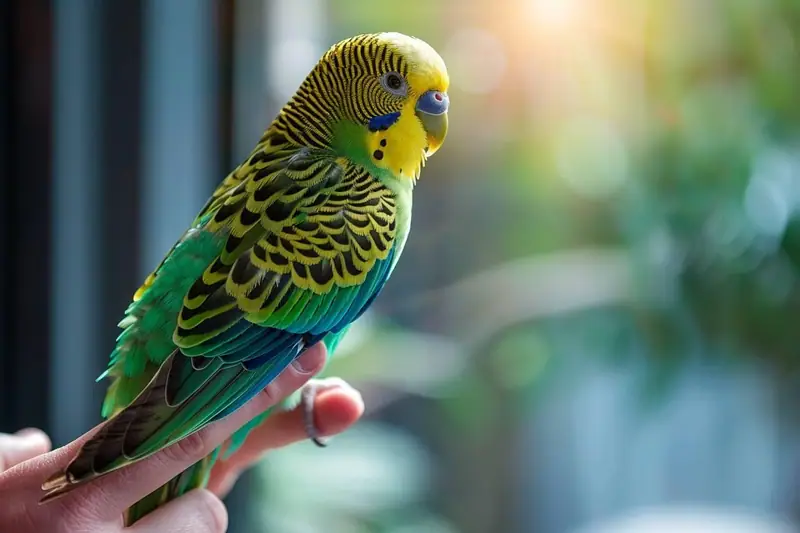 Une perruche verte et jaune est posée sur les doigts d’une main près d’une fenêtre