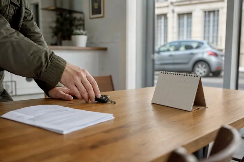 Une main pose des clés de voiture sur une table en bois près d’un calendrier