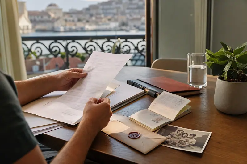 Des mains consultent des documents sur une table avec passeport, enveloppe, photo et verre d’eau