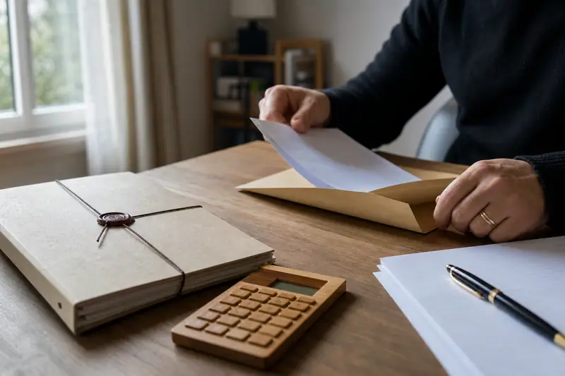 Une personne ouvre une enveloppe sur un bureau avec calculatrice, dossiers et stylo