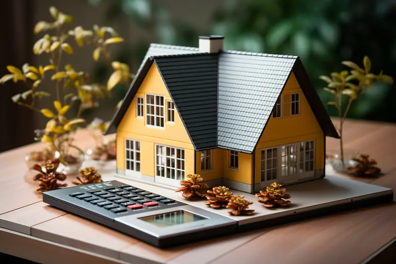 Maquette de maison jaune avec calculatrice grise et pommes de pin sur une table en bois