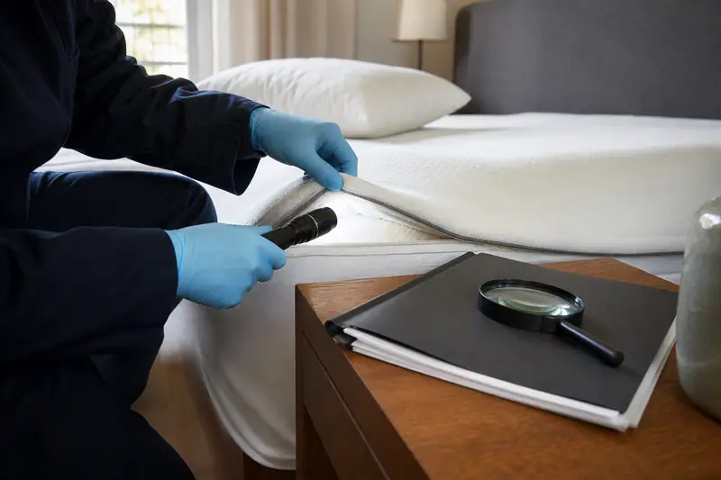Une personne gantée inspecte le bord d’un matelas avec une loupe près d’une table de chevet