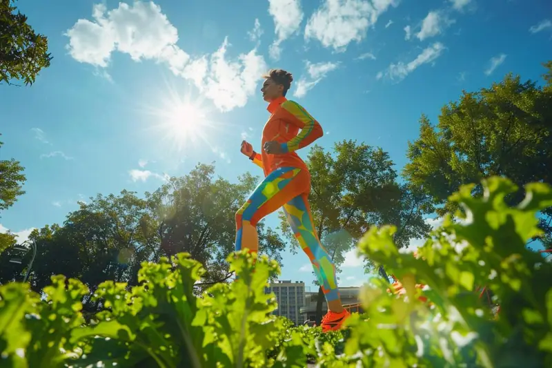 Une personne court en tenue orange et multicolore entre des feuillages sous un ciel bleu lumineux