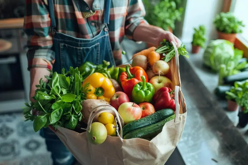 Une personne tient deux sacs en papier remplis de légumes, fruits et herbes fraîches