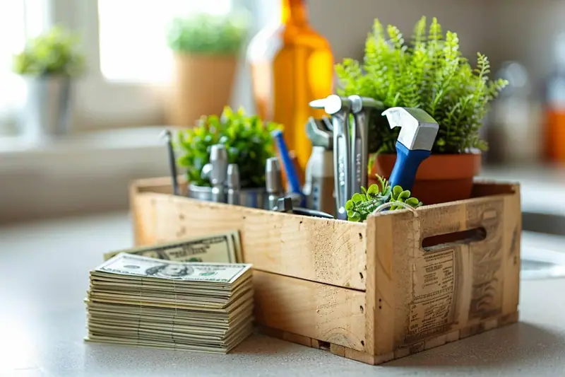 Une caisse en bois contient des outils et plantes, près d’une pile de billets américains