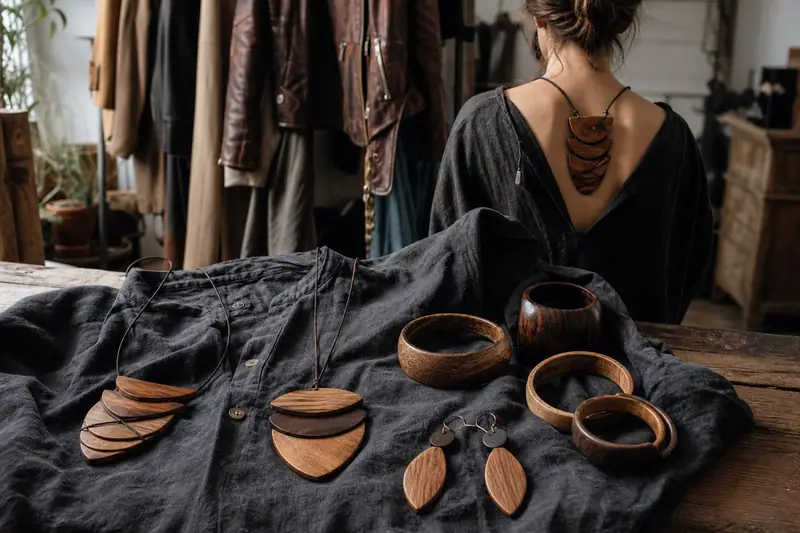 Femme assise de dos portant un collier en bois, devant des bijoux posés sur tissu noir