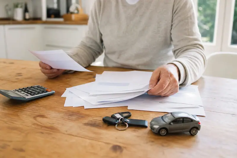 Une personne examine des feuilles sur une table avec calculatrice, clés et voiture miniature