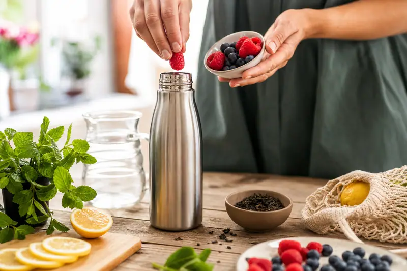 Une personne dépose une framboise dans une bouteille métallique ouverte sur une table en bois