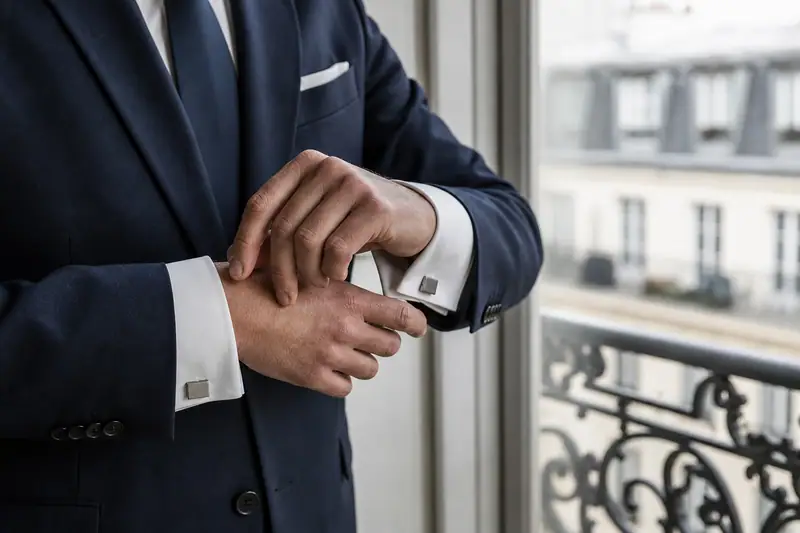 Homme en costume bleu ajustant un bouton de manchette carré sur sa chemise blanche