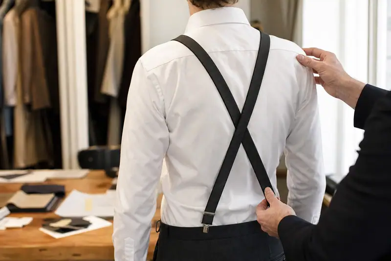 Personne en chemise blanche porte des bretelles noires croisées, ajustées par deux mains