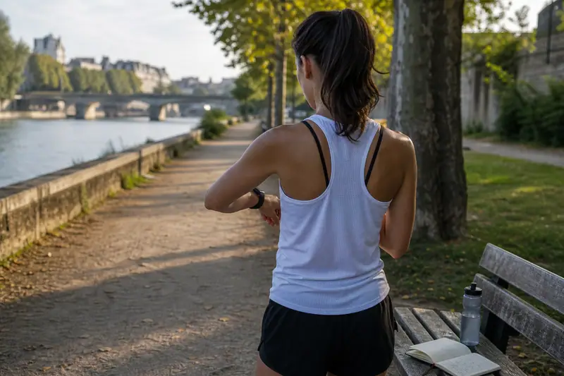 Une femme en tenue de sport consulte sa montre au bord d'un fleuve, près d'un banc