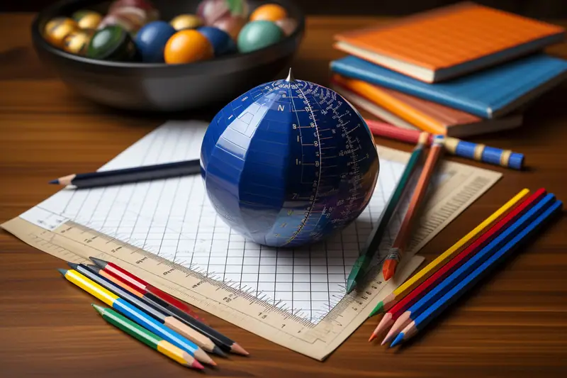 Globe bleu posé sur du papier quadrillé, entouré de règles, crayons et cahiers colorés