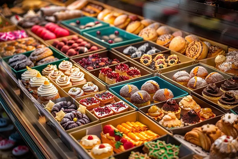 Assortiment de pâtisseries colorées, tartes, choux et gâteaux disposés dans des boîtes sur une vitrine