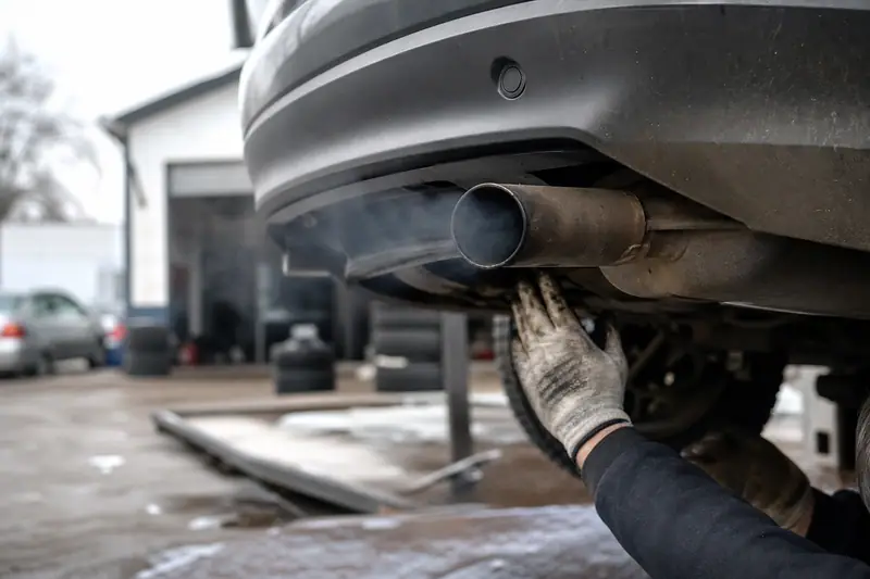 Main gantée touchant le pot d’échappement sous l’arrière d’une voiture grise dans un garage