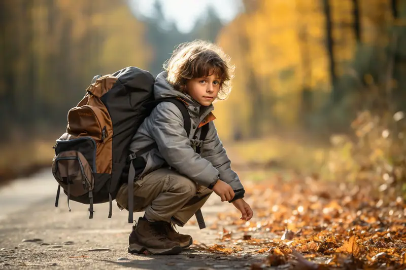 Un enfant accroupi sur un chemin tient une feuille près d’un grand sac à dos brun et noir