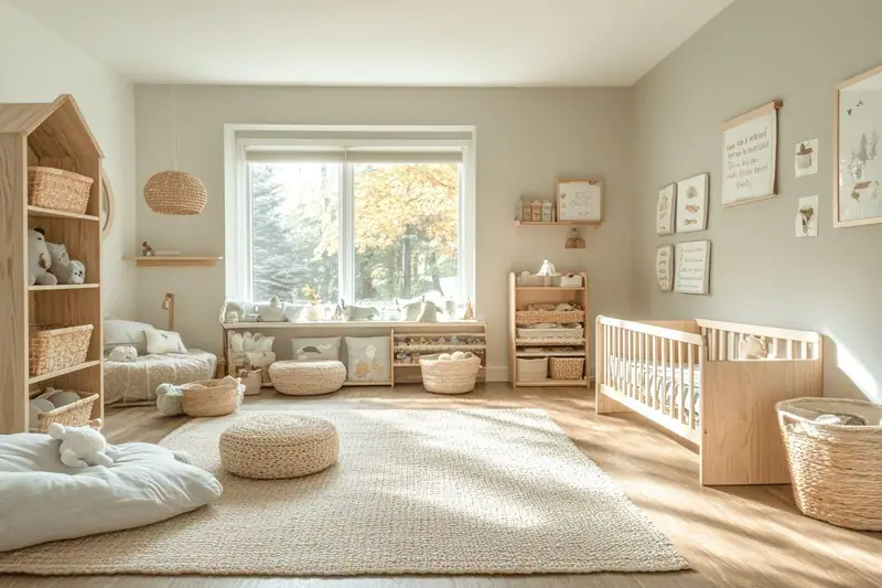 Chambre claire avec lit à barreaux, étagères en bois, tapis beige et paniers tressés
