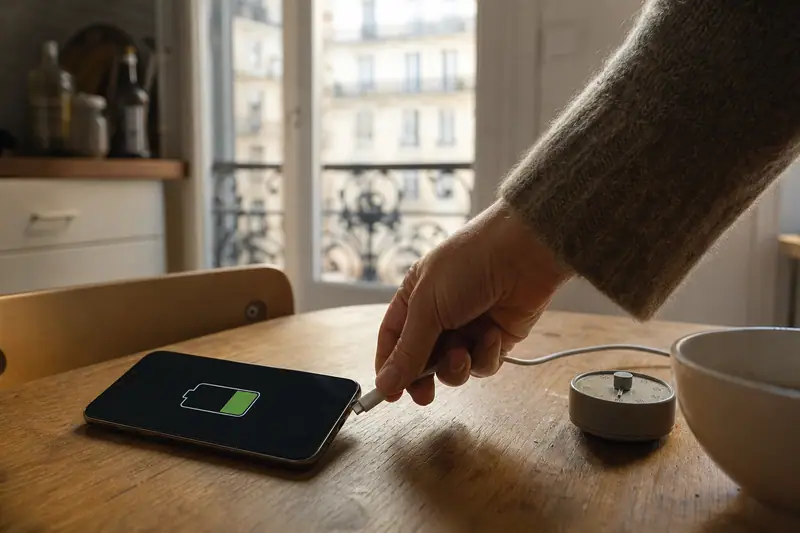 Une main branche un câble à un smartphone posé sur une table en bois