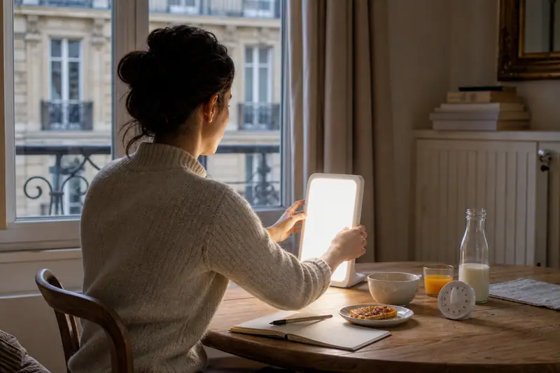 Une femme assise à table règle une lampe lumineuse près d'un bol et d'un verre de jus