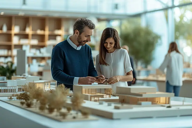 Un homme et une femme examinent une maquette de bâtiments sur une table en intérieur