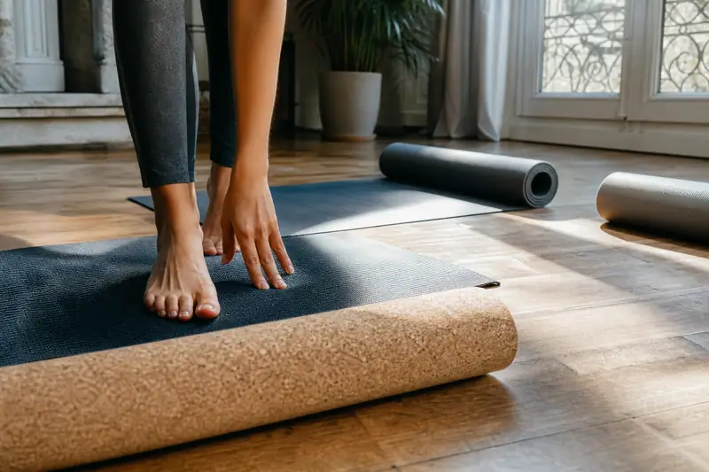 Pieds nus et mains posés sur un tapis noir, près de tapis roulés au sol