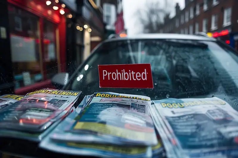Panneau rouge « Prohibited » posé sur des journaux devant le pare-brise d’une voiture garée en ville