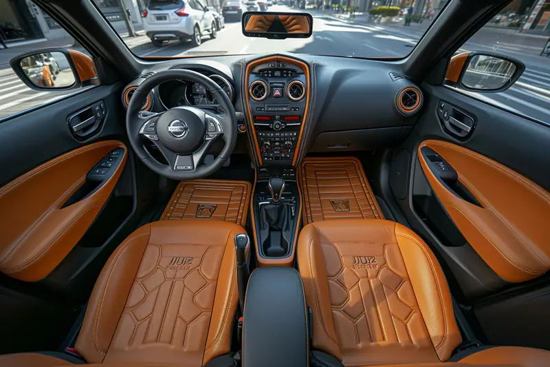 Habitacle de voiture avec sièges et tapis marron, tableau de bord noir et rues visibles