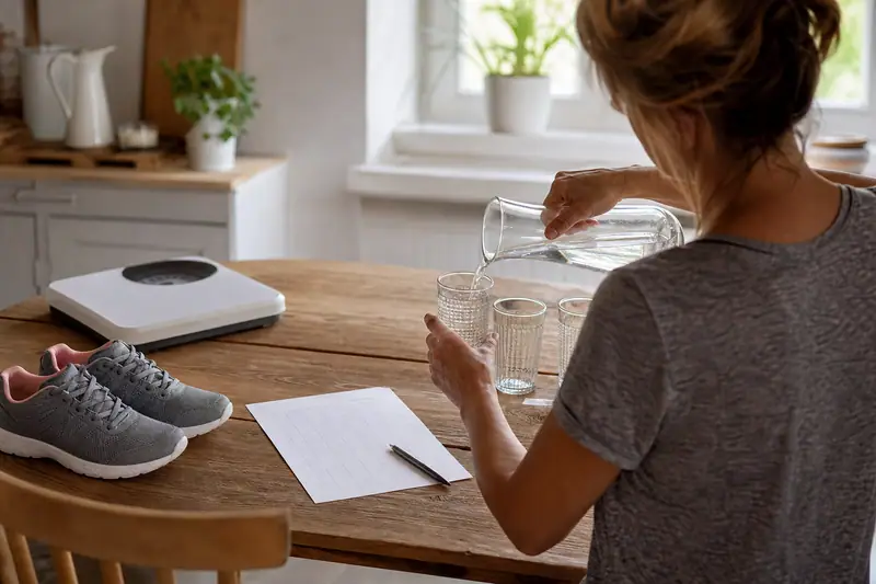 Une femme verse de l'eau dans un verre sur une table avec chaussures, balance et feuille blanche