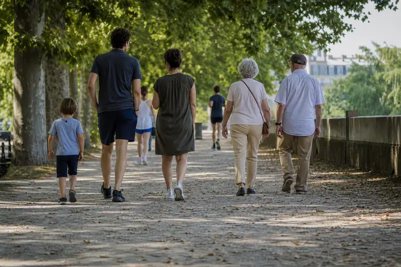 Six personnes marchent de dos sur un chemin ombragé bordé d'arbres et d'un muret