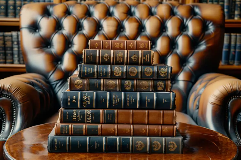 Pile de livres reliés noirs et bruns posée sur une table devant un fauteuil capitonné en cuir brun