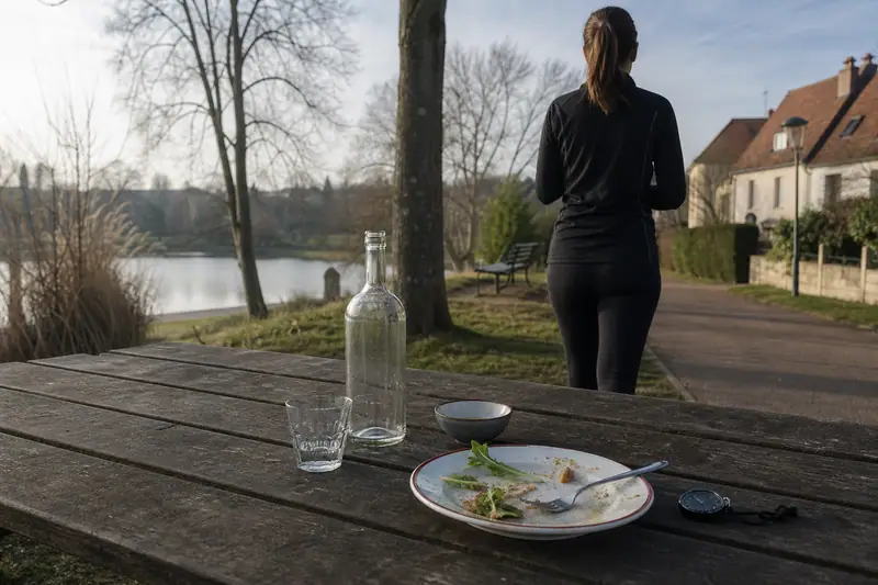Une femme en tenue noire court près d'un lac, devant une table avec assiette et bouteille