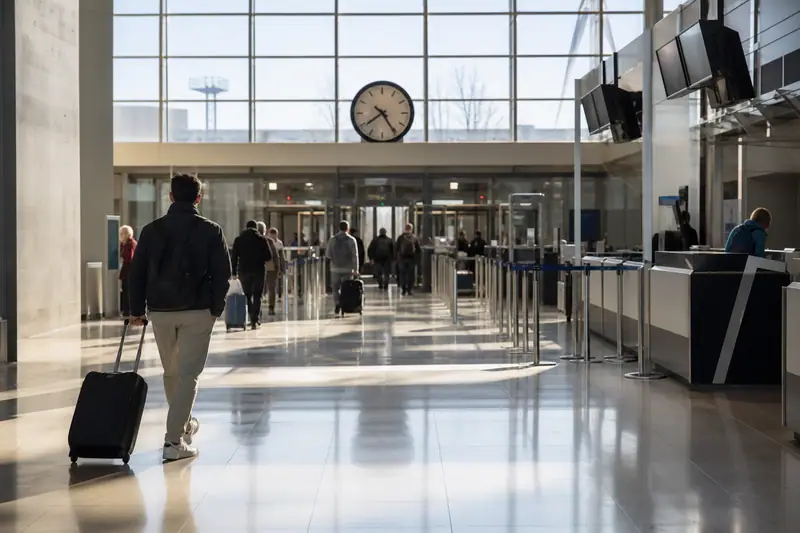 Un homme tire une valise dans un hall d'aéroport devant des portiques et une grande horloge