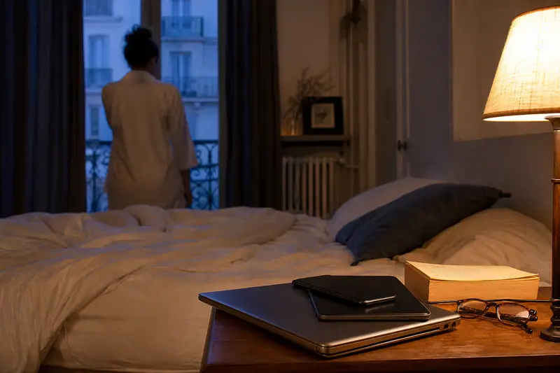 Une personne se tient devant la fenêtre d'une chambre, près d'un lit et d'une lampe allumée