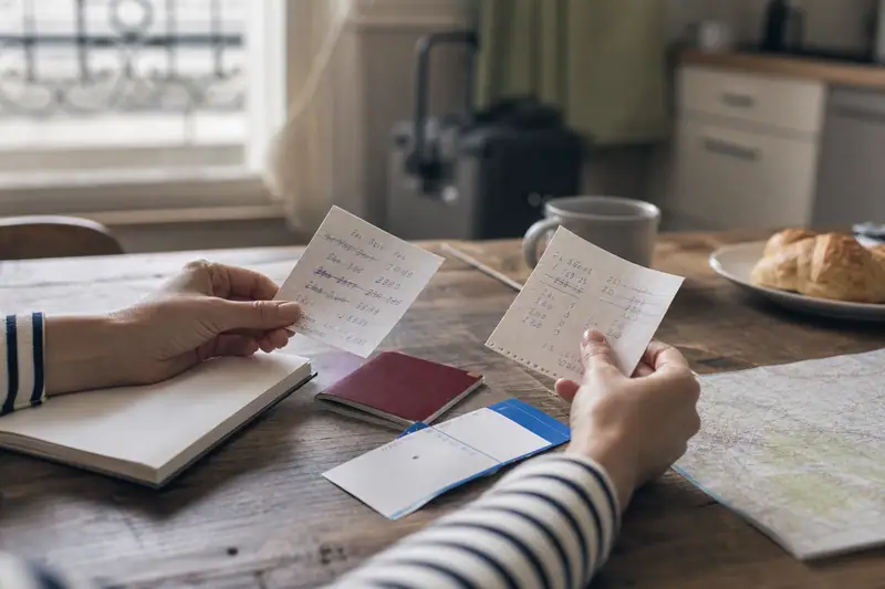 Une personne examine des billets papier sur une table avec passeport, carnet et tasse