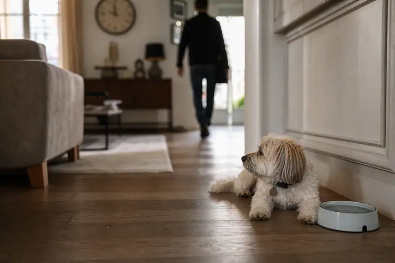 Un petit chien blanc et beige est couché près d'une gamelle, un homme s'éloigne dans le couloir