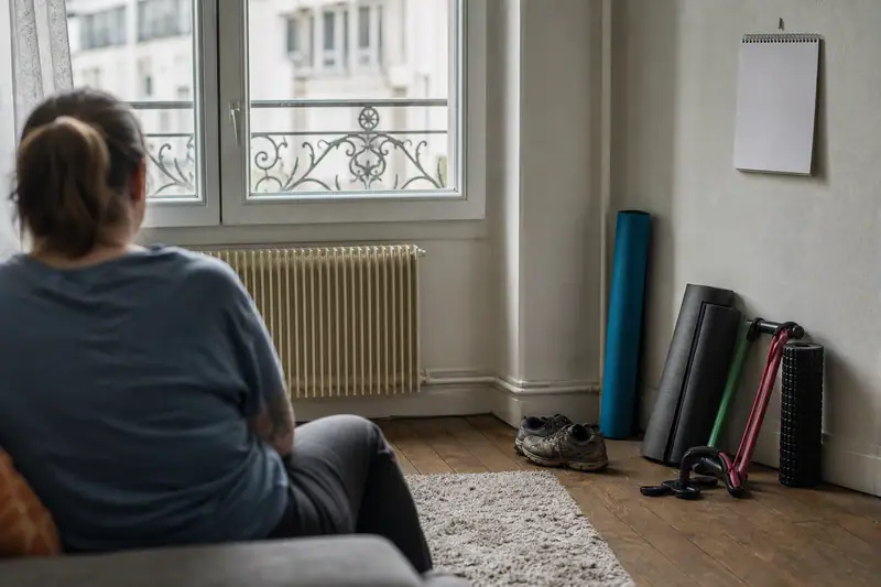Femme assise de dos près de tapis de sport et haltères dans un salon lumineux