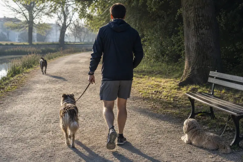 Un homme marche sur un chemin avec un chien en laisse, près d'un banc et d'un autre chien