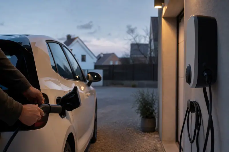 Une personne branche un câble noir sur une voiture blanche devant un garage au crépuscule
