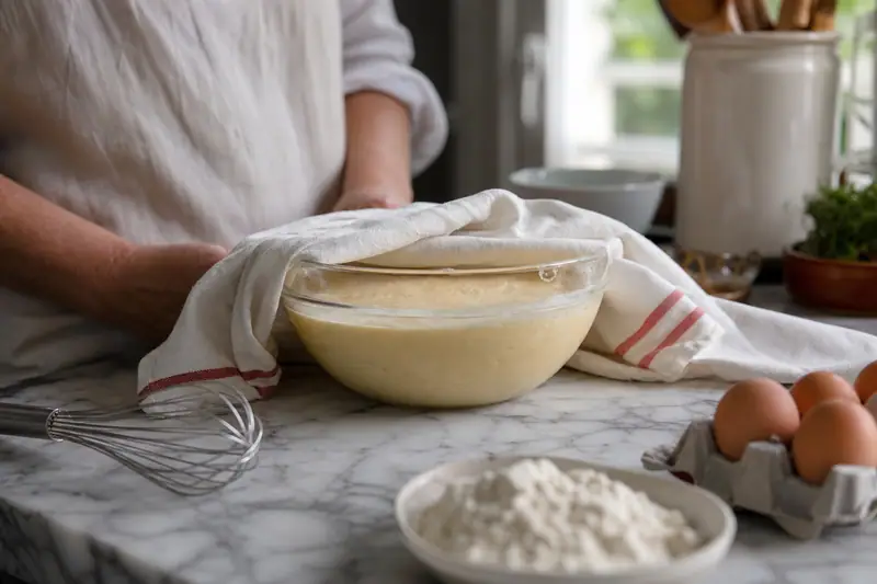 Un saladier de pâte beige couvert d’un linge repose sur un plan de travail en marbre
