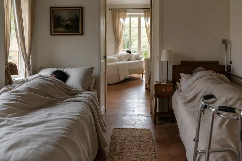 Deux personnes allongées dans des lits séparés, avec un déambulateur au premier plan