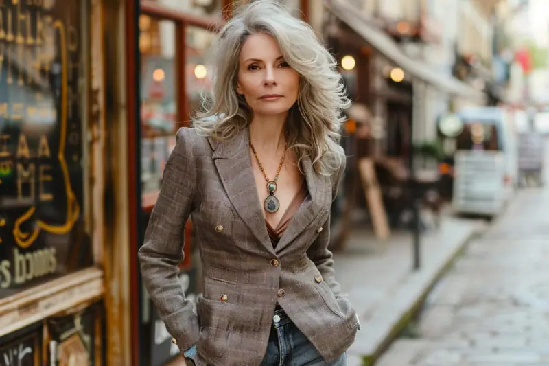 Femme aux cheveux gris bouclés portant une veste grise et un jean dans une rue commerçante