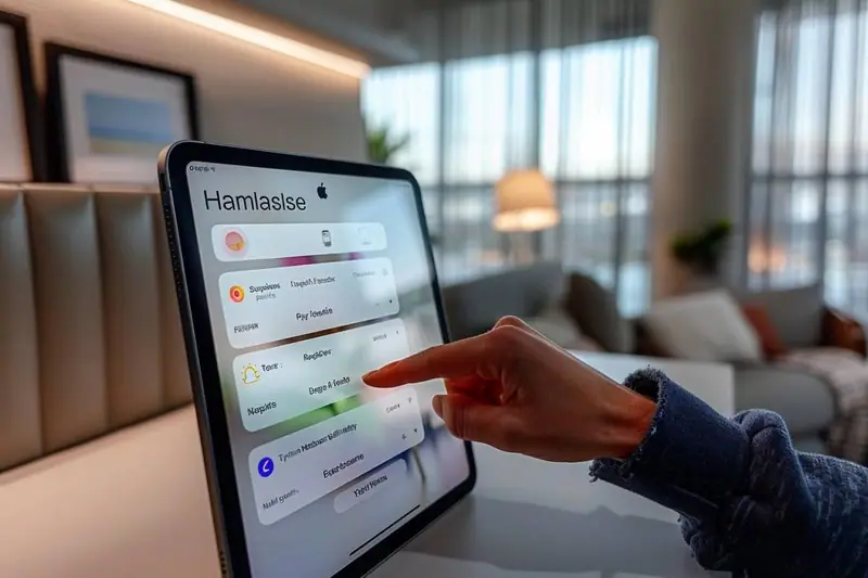 Une main touche l’écran d’une tablette affichant une liste d’éléments colorés dans un salon lumineux
