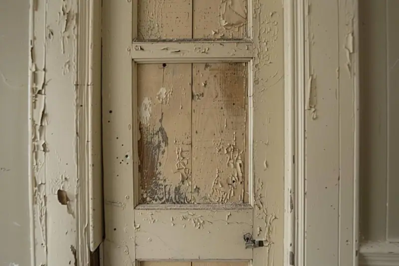 Porte en bois beige aux panneaux écaillés, encadrée de moulures également écaillées