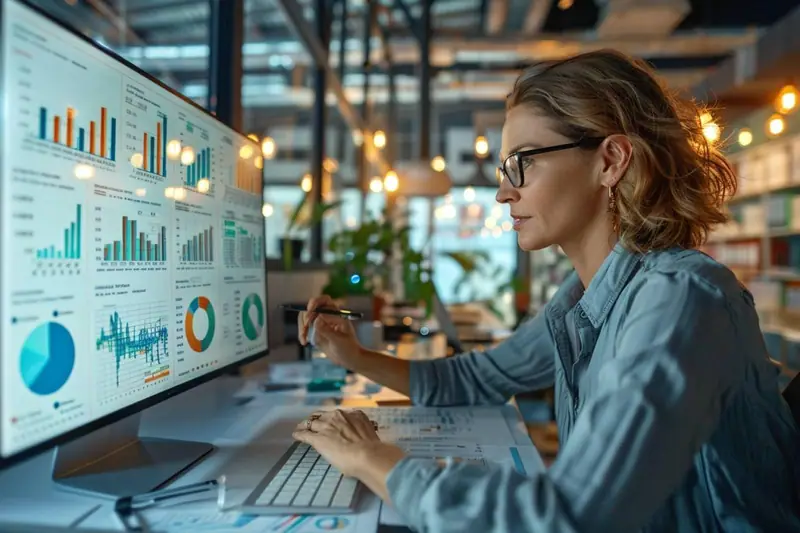 Femme portant des lunettes consulte des graphiques sur un écran et prend des notes au bureau