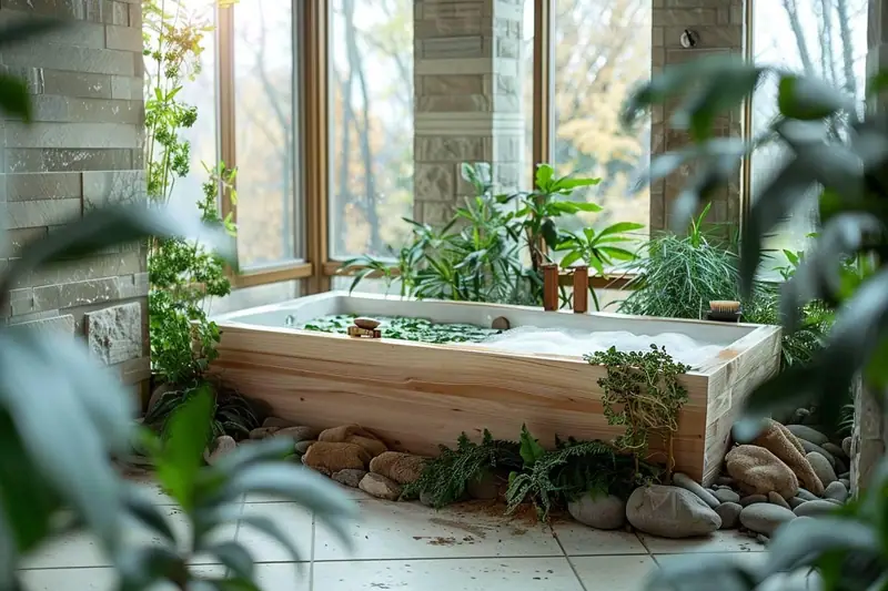 Une baignoire encadrée de bois, galets et plantes vertes se trouve devant de grandes fenêtres